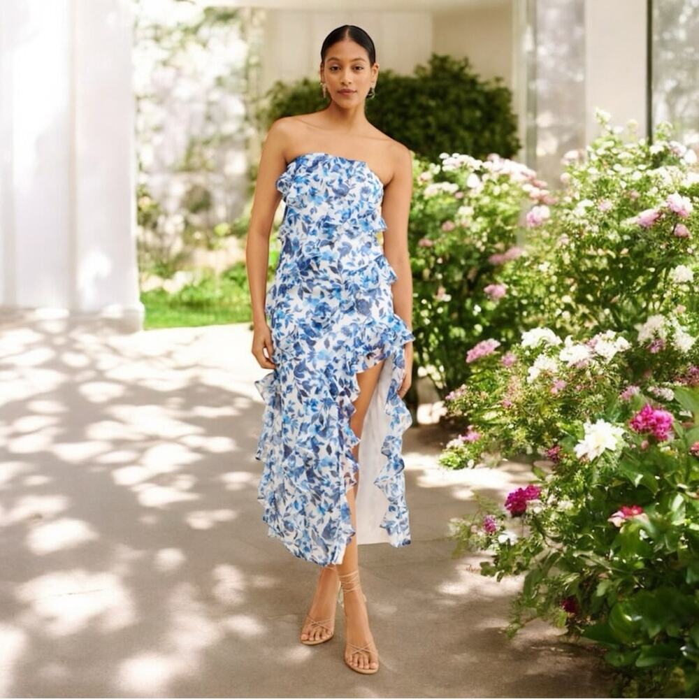 BLDHN Floral Strapless Midi Dress with Leg‎ Slit Blue Size 10
